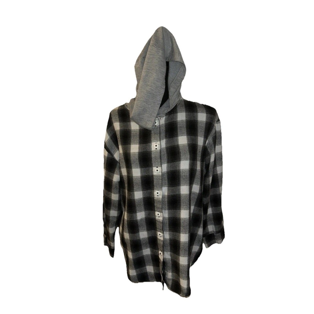 Shein Petite Medium Black White & Gray Plaid Long Sleeve Button Up Hoodie